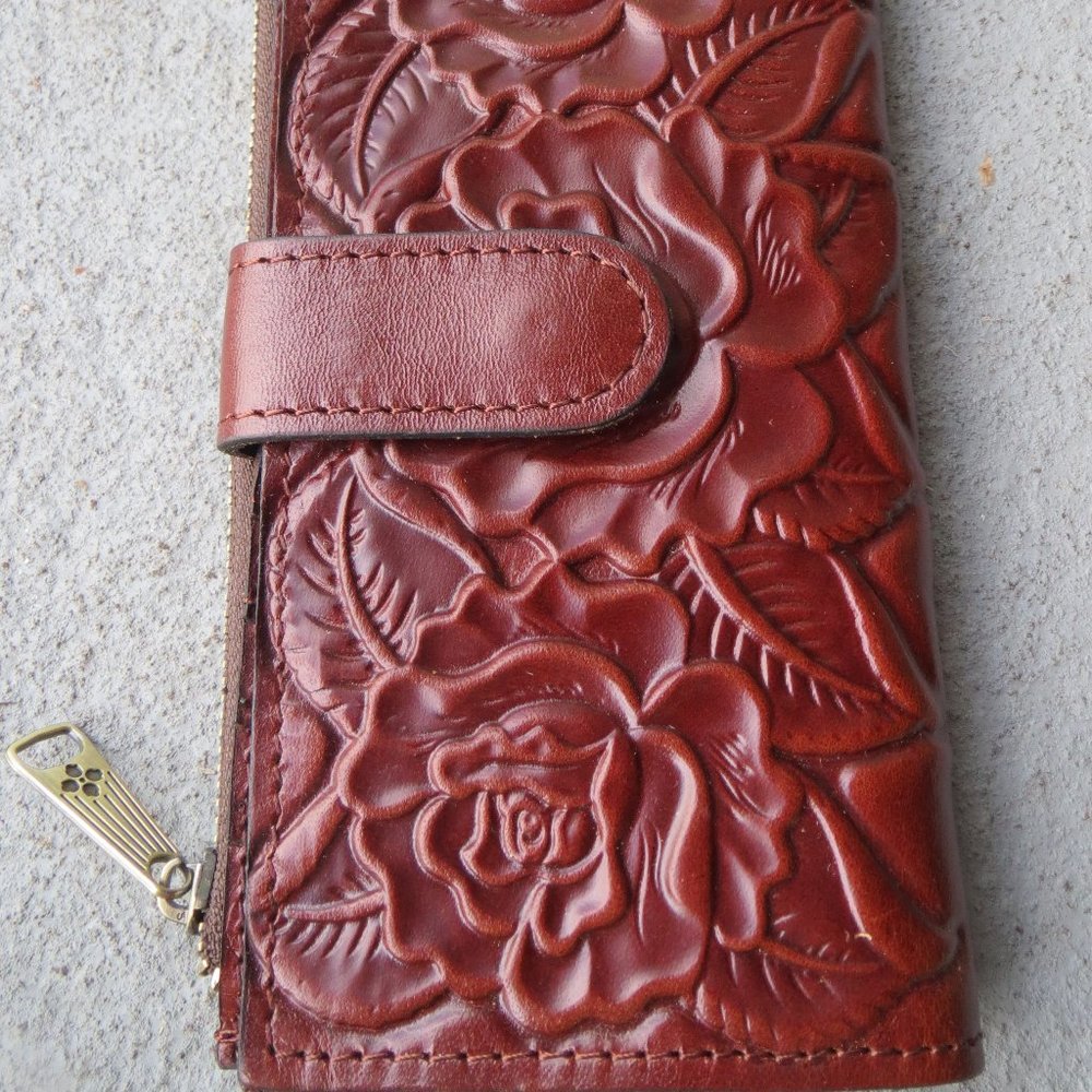 Patricia Nash rich BROWN hand tooled ROSE NAZARI wallet LEATHER new snap & zip